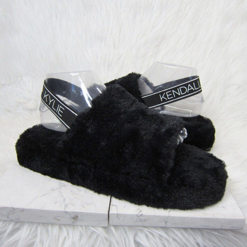 Kendall and Kylie Women's Black Faux Fur open toe Slides Slippers Size 11 NWOT